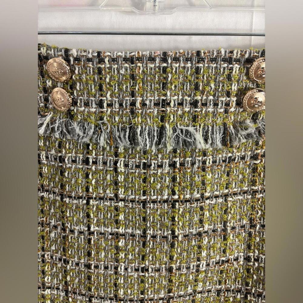 NWT Walter Baker Chartreuse Green Preppy Tweed Fringe Mini Skirt Women’s Size 6 - Picture 5 of 11